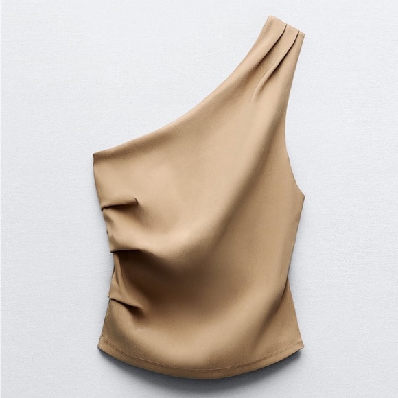 Zara NWT tan one shoulder top with asymmetrical hem & ruched side pleats - Picture 6 of 8